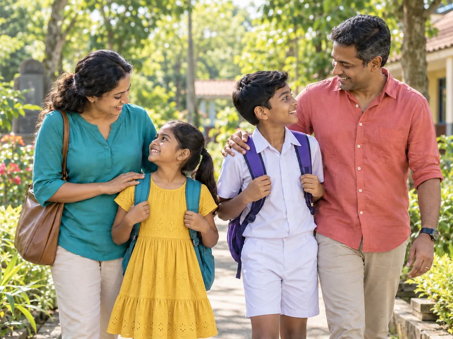 Parents with two children ready for their classes; one child wears a white shirt and the other a colourful casual dress.