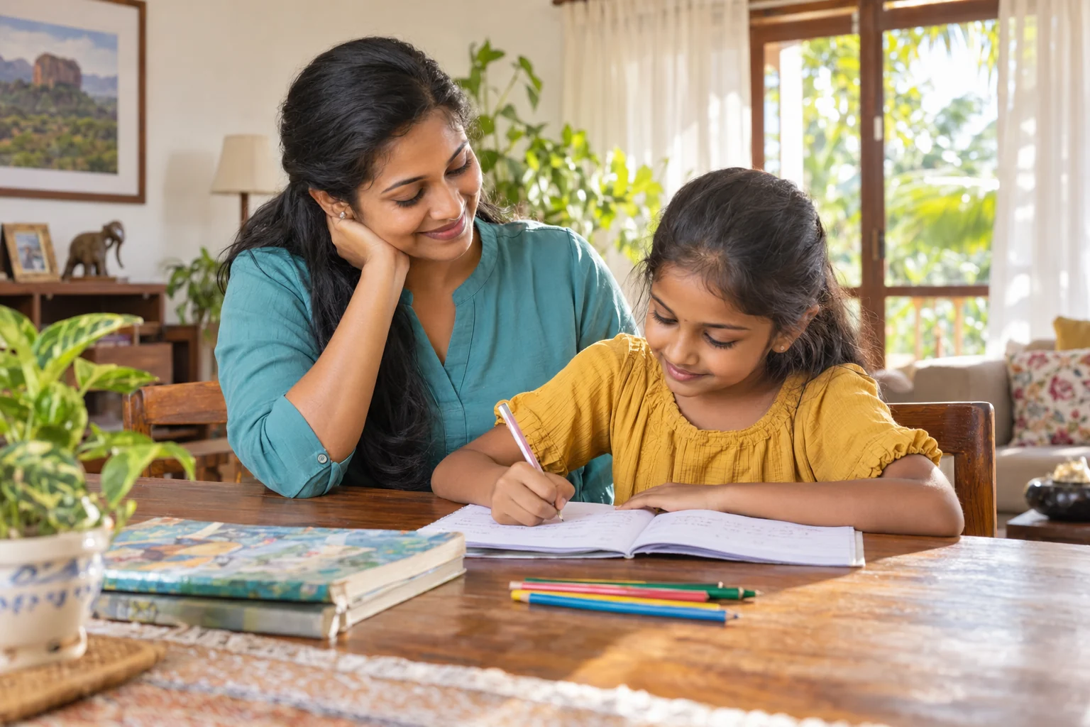 A mother encouraging her daughter as she studies at home.