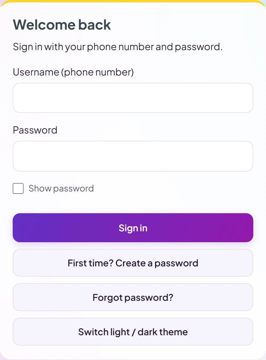 Actual Parent App login panel showing phone number, password, sign-in, create-password and recovery options.